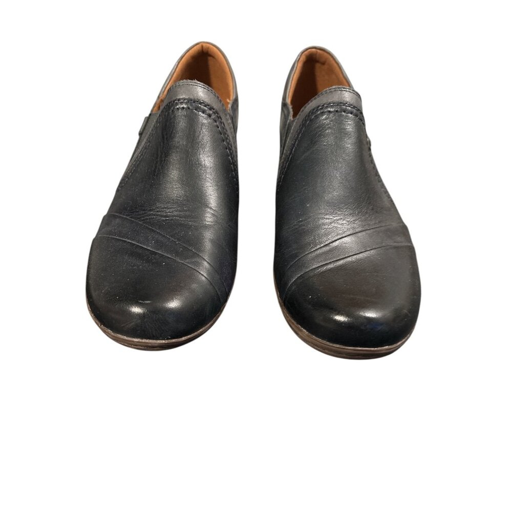 Cobb Hill Womens Black Leather Slip-On Heeled Shoes With Stitch Detailing